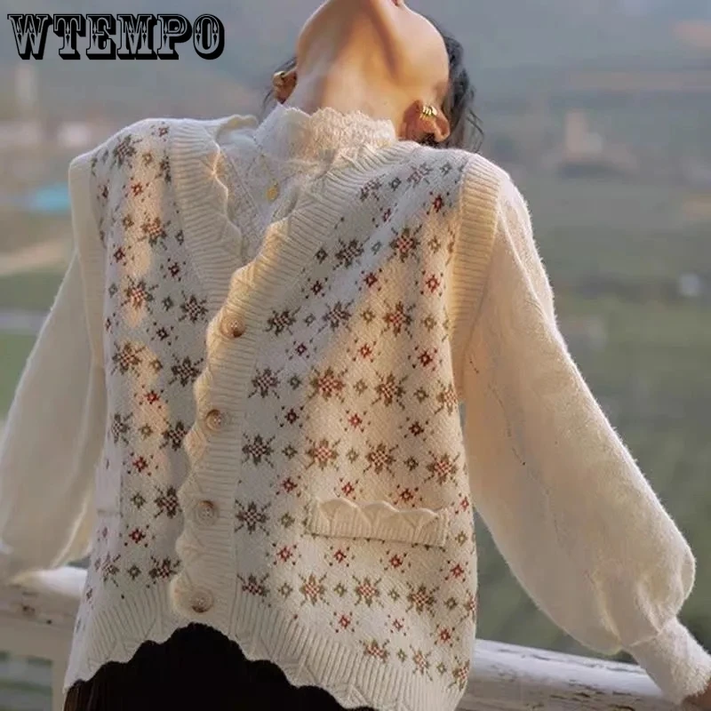 

WTEMPO Women's French Retro V-Neck Knitted Cardigan Vest Female Fashion Sweet Printed Cardigan Coats Leisure Outerwear Sweaters