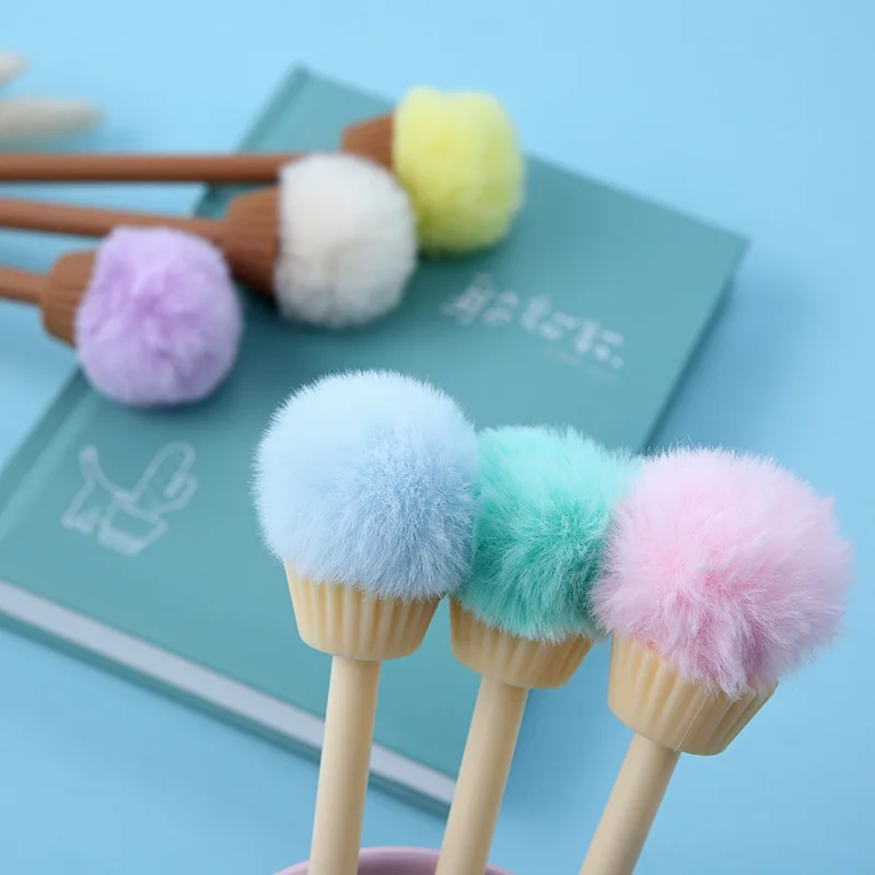 10Pc Elegant Fluffy Pom Ice Cream Cone Pens Cute Furry Kawaii Food Pen Funny Blue Ballpoint School Kit Girl Aesthetic Stationery images - 6