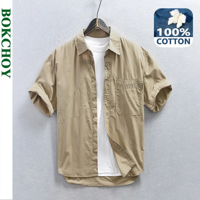 

2023 Summer New Cargo Short Sleeve Shirt for Men Clothing 100% Cotton Loose Multi-Pockets Oversize Streetwear AZ828