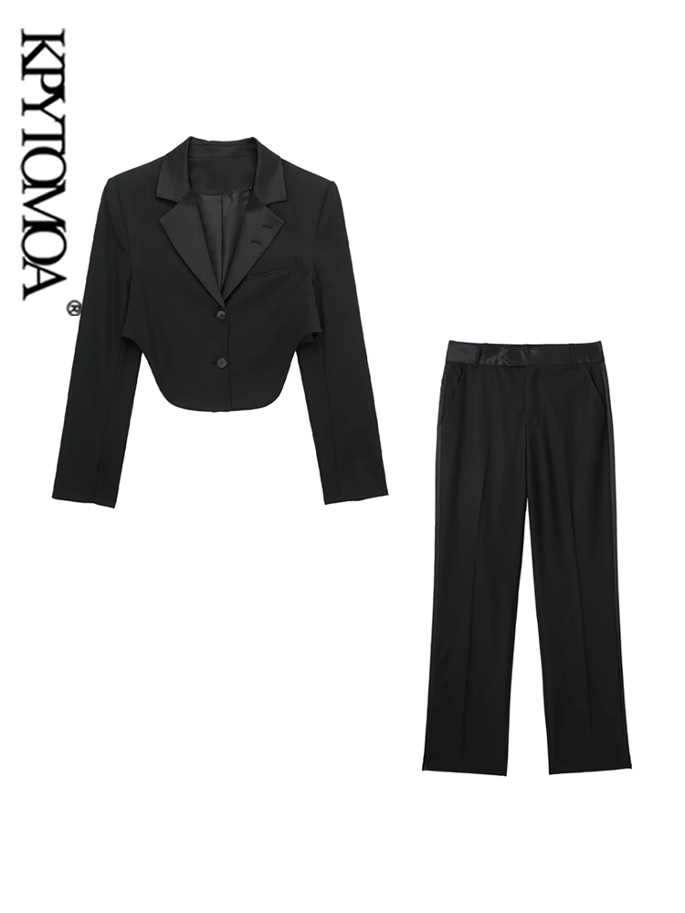 

KPYTOMOA Women Fashion Front Button Cropped Blazer Coat And Mid Rise Waist Side Striped Satin Pants Female Two Piece Sets Mujer