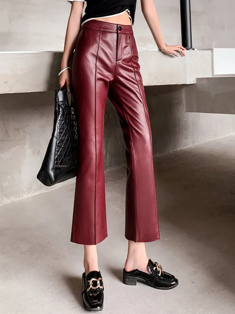 Real Leather Pants Women Spring Autumn Wine Red Micro Pants Fashion Slimming Elastic Waist Sheepskin Ankle Length pants