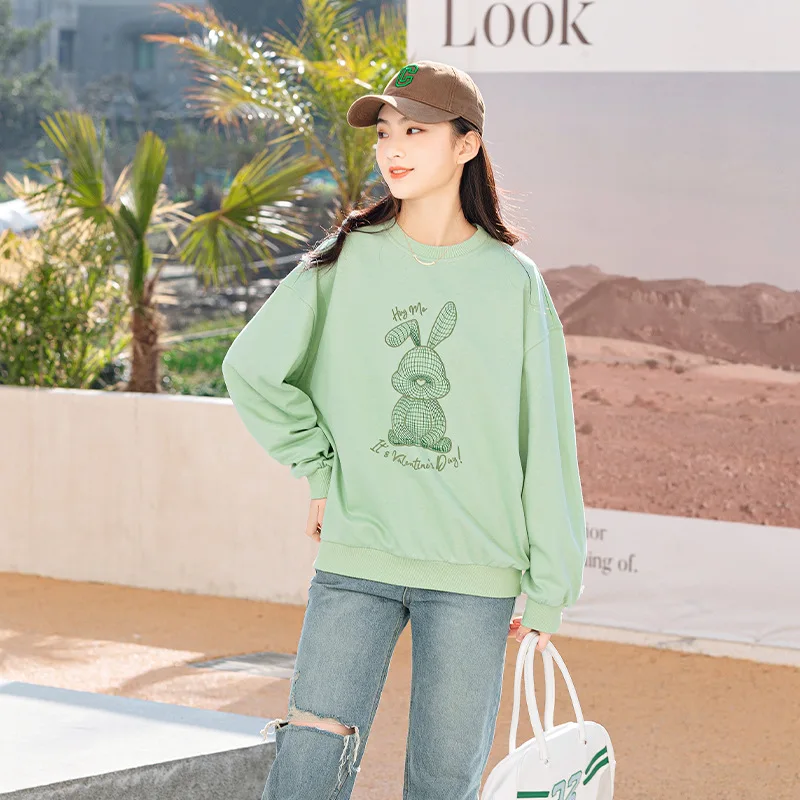 

Толстовка для больших девочек, весна-осень 2023, свободная толстовка с длинным рукавом и круглым вырезом, повседневный удобный шикарный пуловер с милым принтом кролика, женский