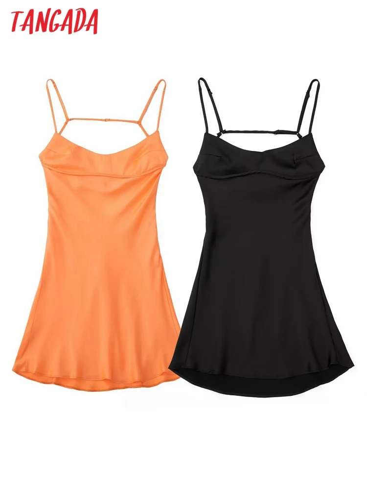 

Tangada Women Fashion Orange Satin Mini Dress Vintage Backless Side Zipper Thin Straps Female Dresses 3H639