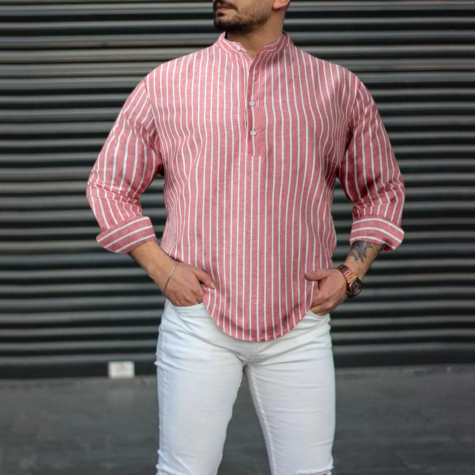 

Men Stripe Loose Shirt Stand Collar Long Sleeve Shirts Male Cotton Linen Casual Baggy Hawaiian Holiday Shirts Camisa Masculina