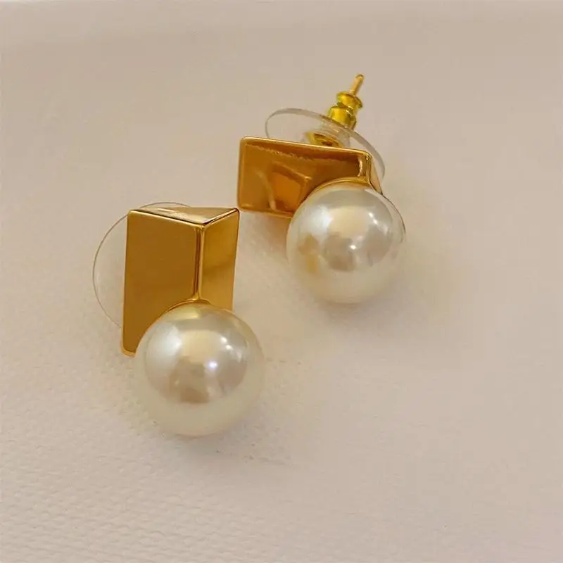 

CELI French Geometric Shaped Brass Pearl Earrings Vintage Valentines Day Gift Jewelry Fashion Accessories
