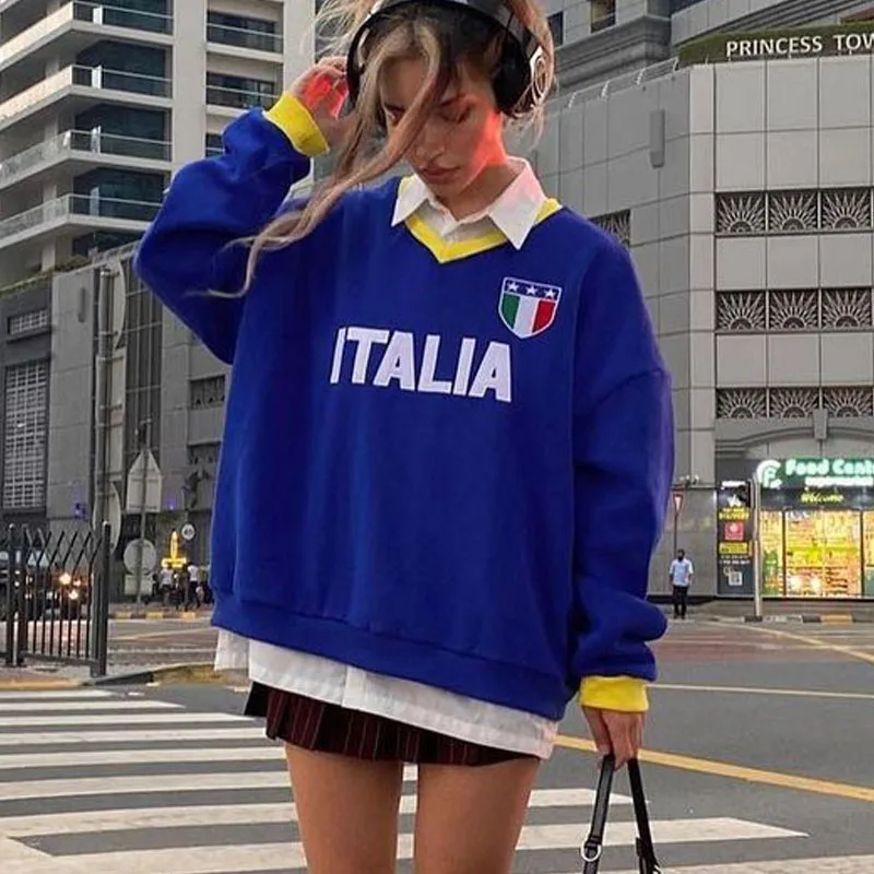 

Y2K Pullover Harajuku Women's ITALIA Letter Embroidery Oversized Hoodie Sweatshirt Punk Rock Gothic Clothes Tops Streetwear New
