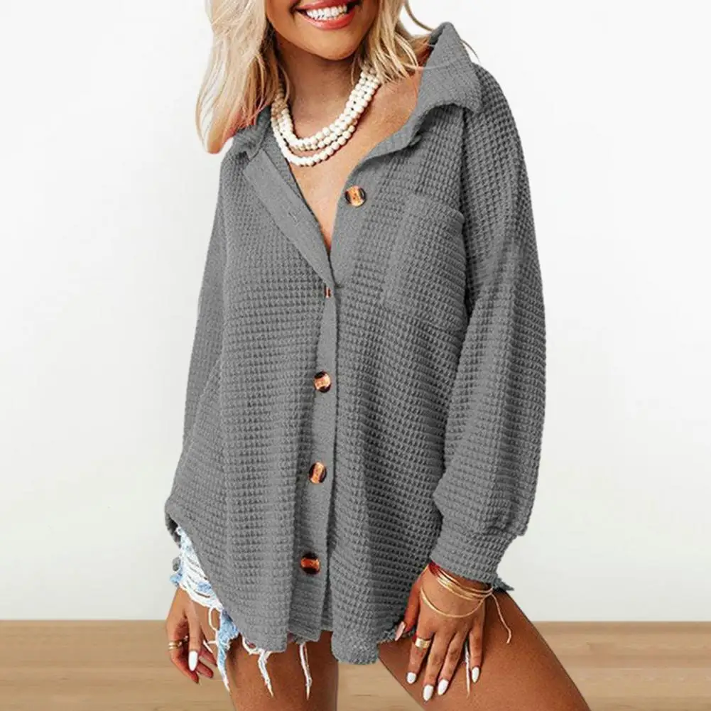 

Lady Shirt Soft Women Shirt Stylish Women's Button Cardigan Loose Fit Irregular Hem Waffle Knit for Fall Spring Fashion