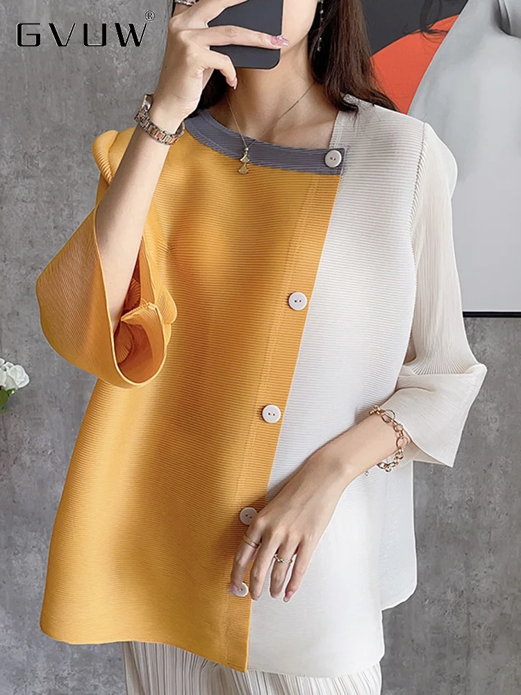 

GVUW Patchwork Pleated Print Blouse For Women Color Block O-neck Loose Single Brteasted 2023 Summer Female Fashion Shirt 17G1872