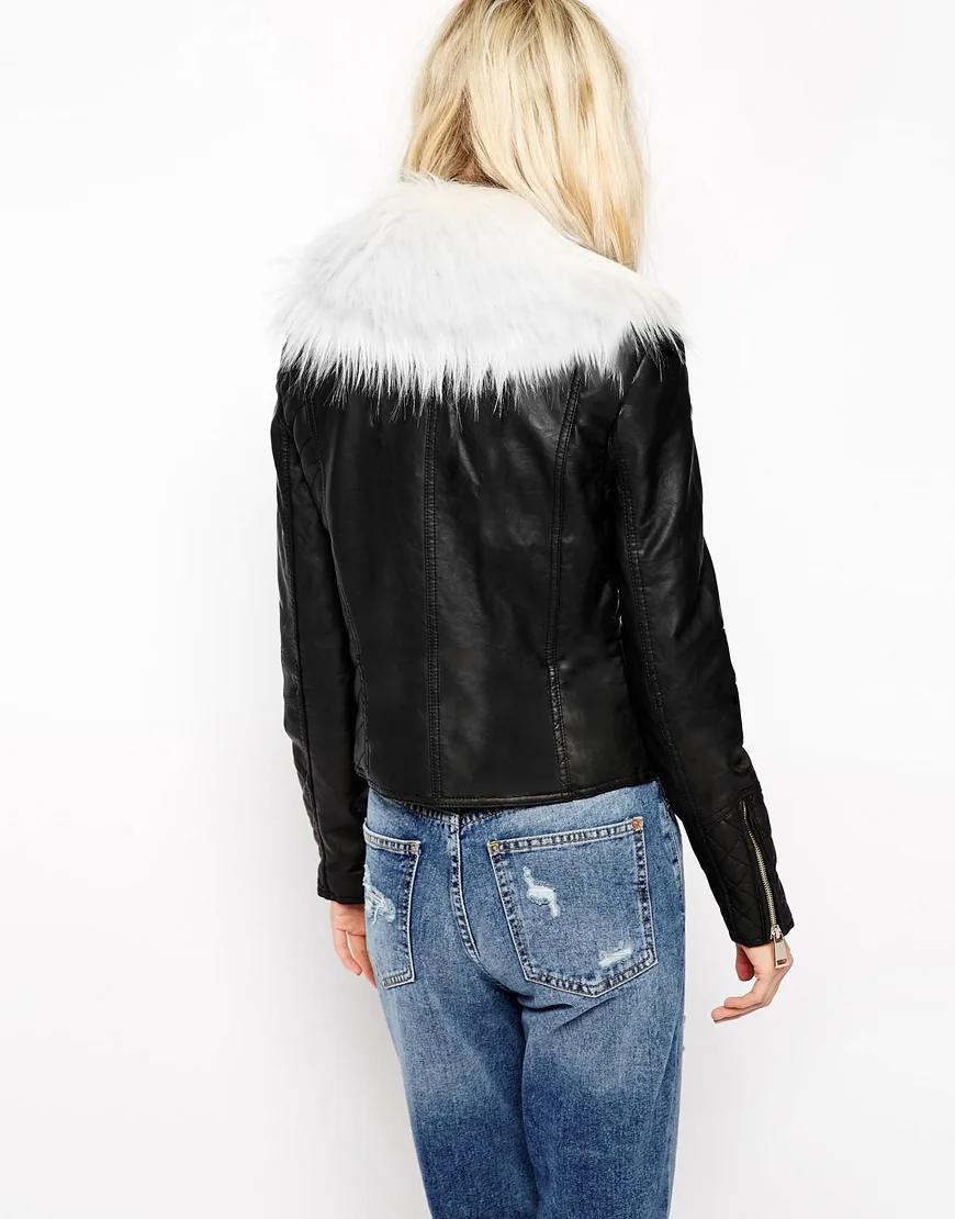 Women's Zippered Motorcycle Leather Jacket Women's Short Coat Faux Fur Fur Collar Splicing Leather Jacket Skinny Luxury Girl