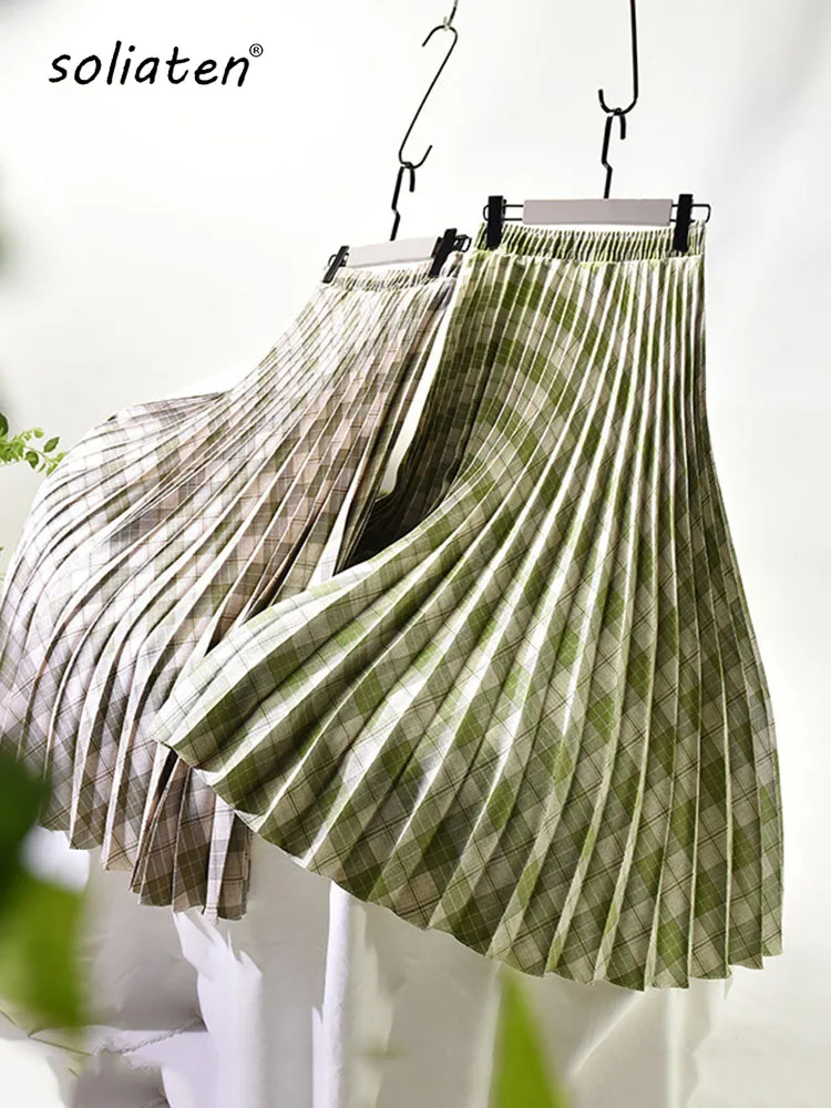 

Женская элегантная клетчатая юбка миди высокого качества, Корейская винтажная плиссированная юбка трапециевидной формы с высокой талией, весна-осень 2023, C-091