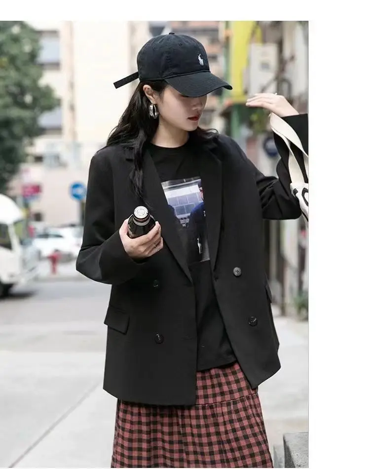 Fashion Woman Blazer 2022 Vintage Double Breasted Long Sleeve Pocket Korean Women Jacket Casual Street Pink Blazer Mujer
