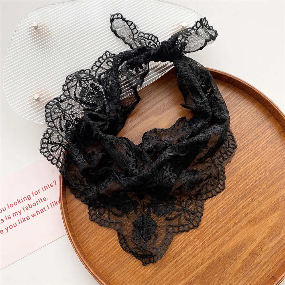 2022 Spain Brand Plain Hollow Lace Triangle Scarf Office Lady Wrist Hair Tie Snood Foulard Headband Shawls and Wraps Neckerchief images - 6
