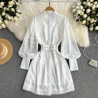 french elegant white lace women mini dress runway stand collar luxury embroidery hollow out single breasted party dress n3978