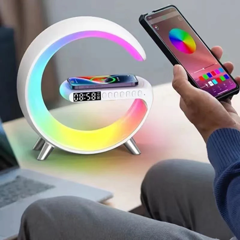 

LED App Control RGB Night Light Atmosphere Lamps Digital Alarm Clock Speaker Wireless Charger Children Sleep Bedroom Decoration