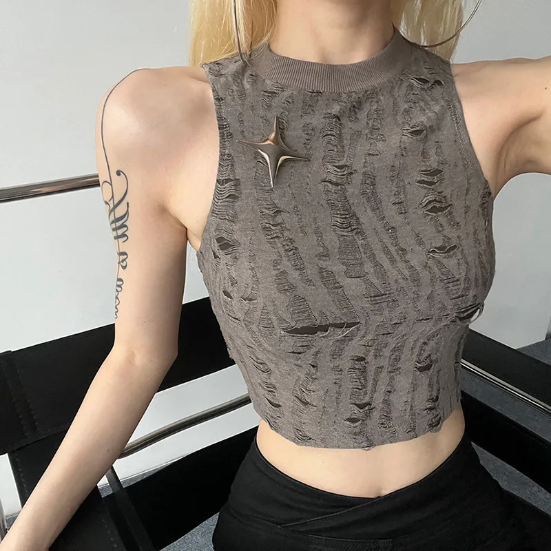 

2023 Summer New Solid Color Street Fashion Sleeveless Frosted Umbilical Women's Tank Top