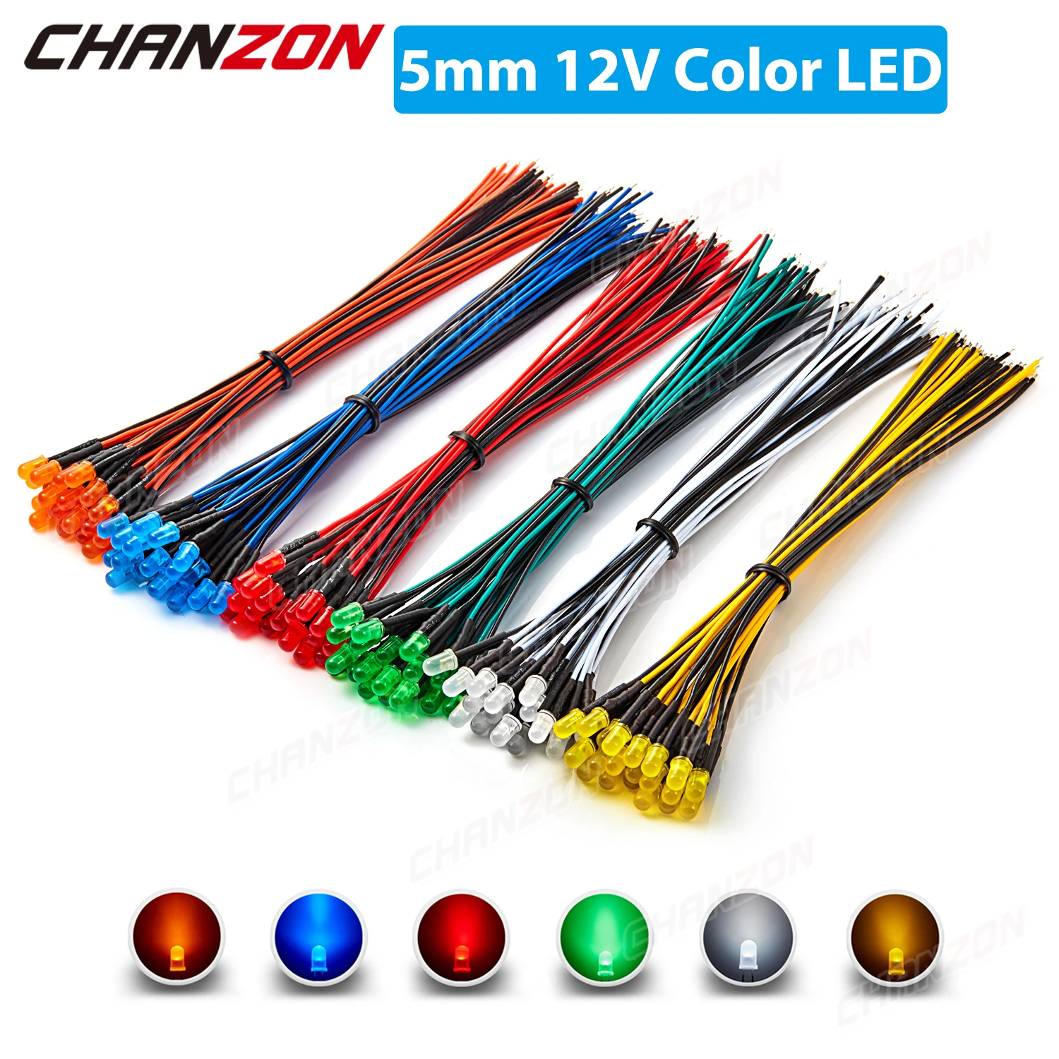 

120pcs 5mm Prewired LED Diode Kit Light Emitting Diffused 12V White Red Green Blue Yellow Orange Wired Lamp Bulb Assortment Set