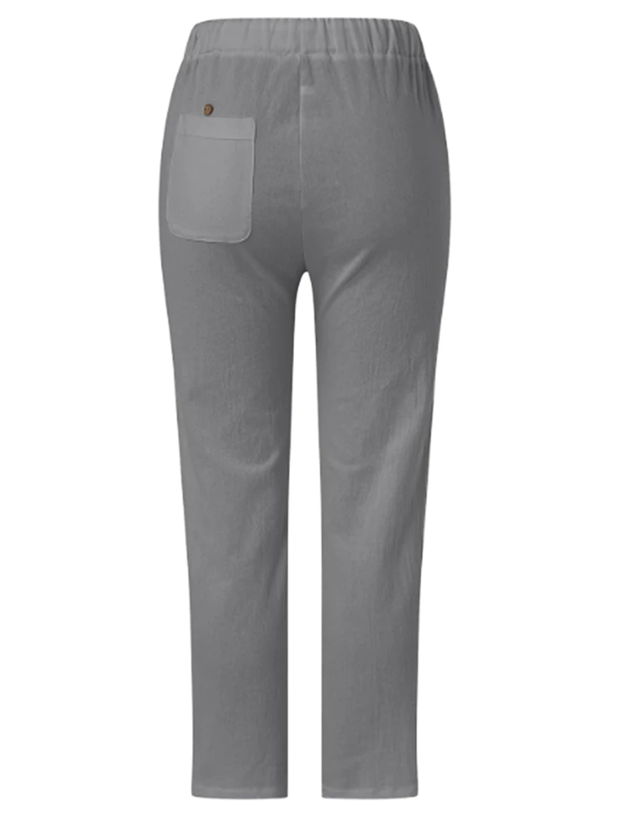 

Женские свободные укороченные брюки из смеси льна с эластичным поясом, с карманами и широкими штанинами