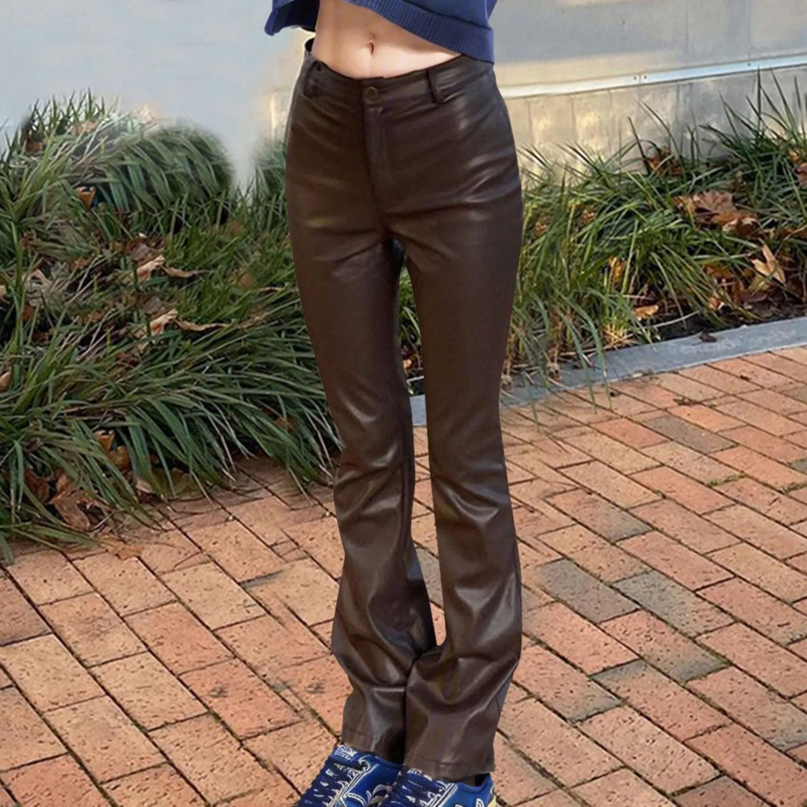 

2023 Fashion Y2K PU Leather Pants Women's Stylish Street Trendy Slim PU Leather Trousers Solid Colour Slightly Flared Pants