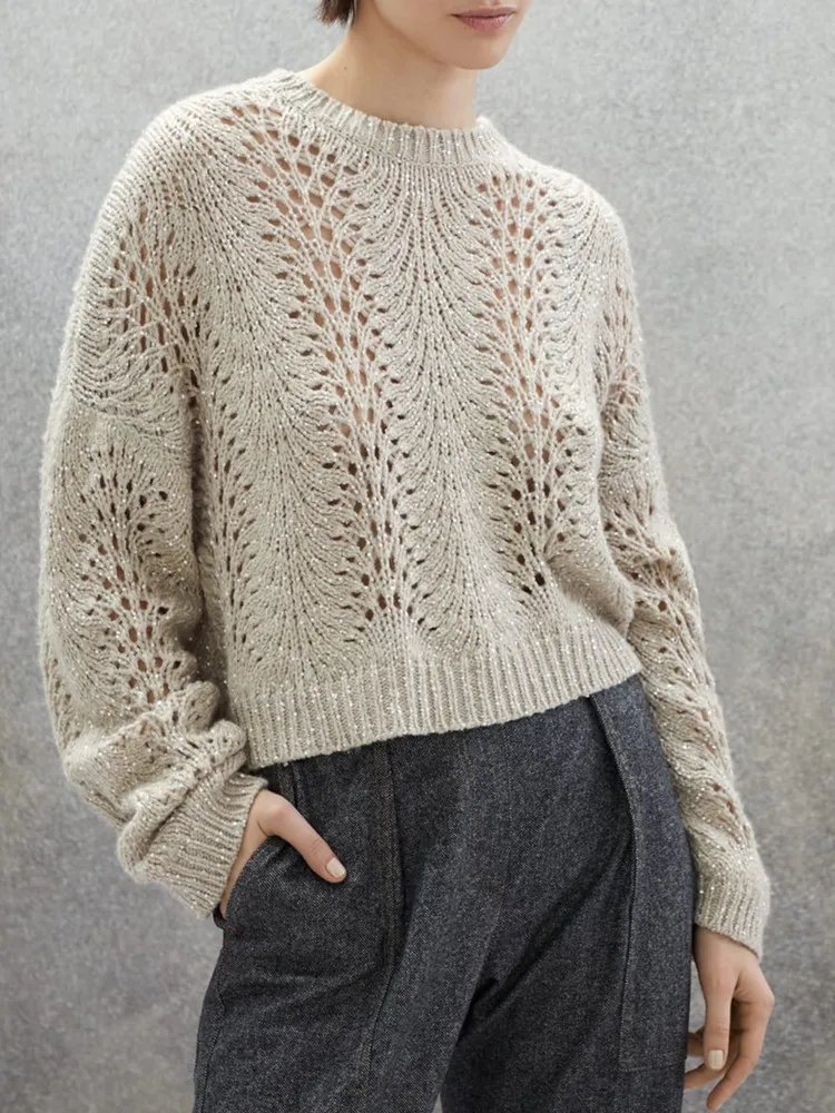 

Women's Sequin Hollow Out Long Sleeve 2023 Early Autumn Knit Cardigan or Pullover Lady Cashmere Blends Sweater Knitwear Top