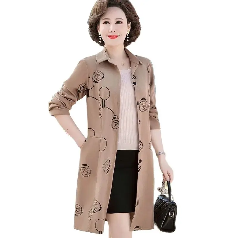 

Middle Aged Elderly Mothers Trench Coat Spring Autumn Casual Long Windbreaker Overcoat 2022 Women's Print Outwear Loose Tops