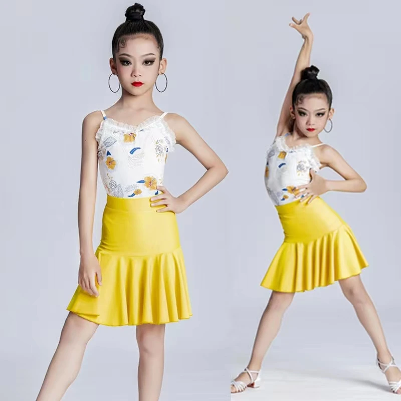 

Summer Latin Dancing Clothes Suit For Girls Kids Yellow Rumba Samba Dancer Outfit Tops Skirt ChaCha Tango Competition Costume