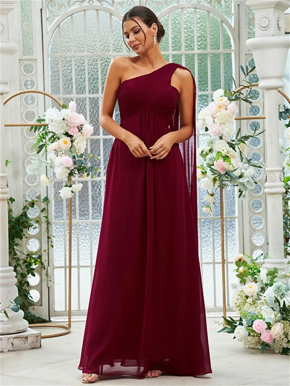 

A-Line Bridesmaid Dresses Princess Chiffon Ruched One-Shoulder Sleeveless Floor-Length Tulle Sheer vestido de noiva