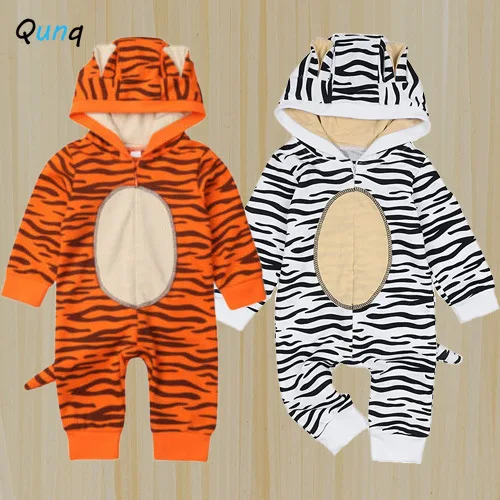 

Qunq Baby Unisex Four Seasons Tiger Stripes Simple Print One-piece Hooded Long-Sleeve Romper Casual Lovely Kids Clothes Age 0-2T