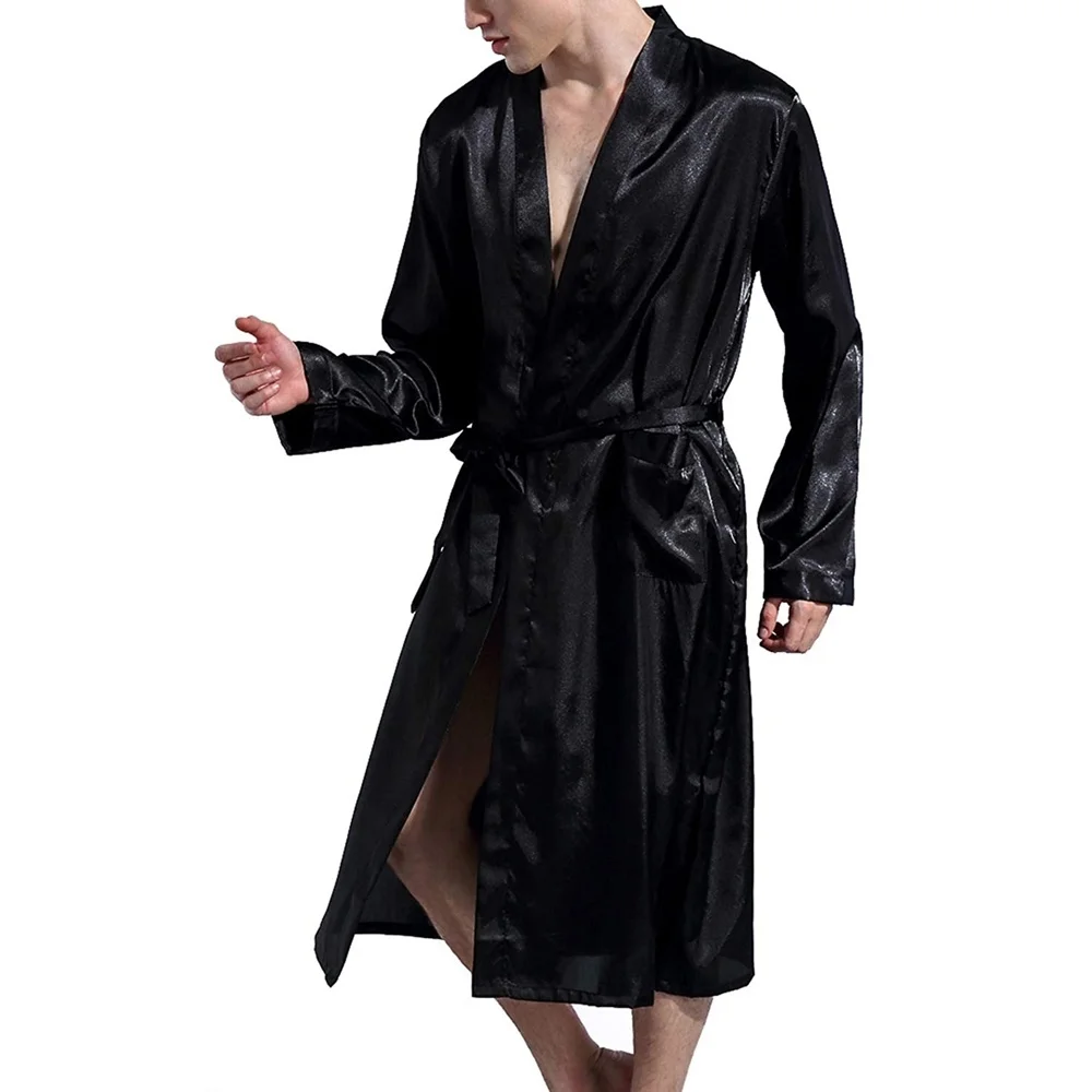 

Men's Classic Robes Twill ome Clotes Lon Robes Pocket Imitation Silk Batrobe Summer Autumn Sleep Loune