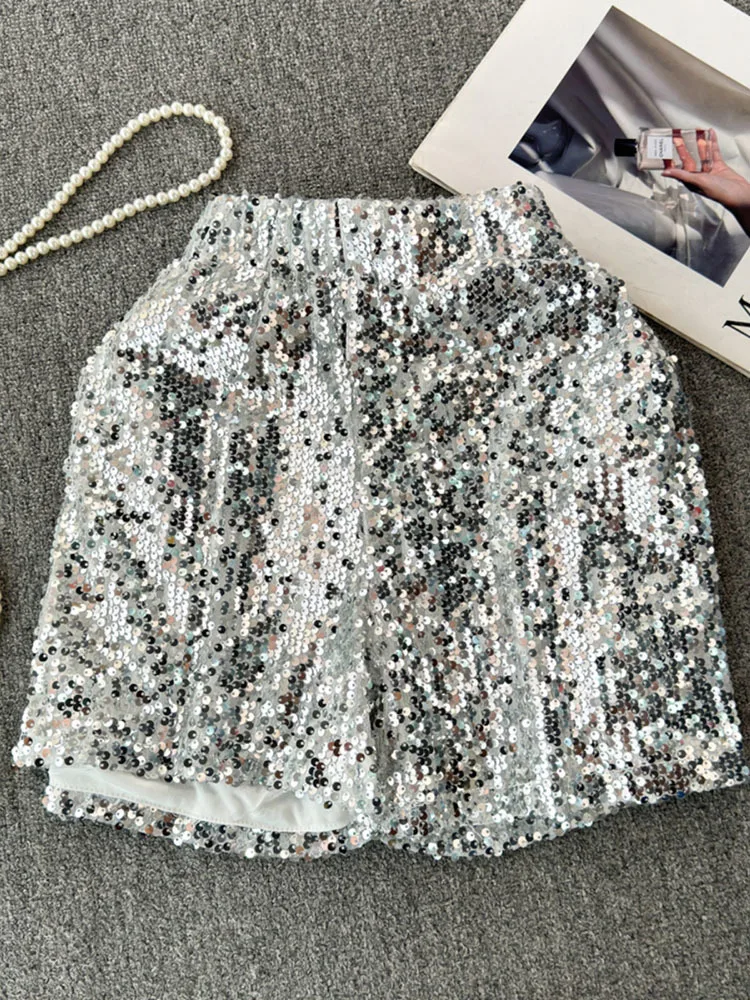 Блестящие сексуальные женские блестящие шорты с завышенной талией и круглым