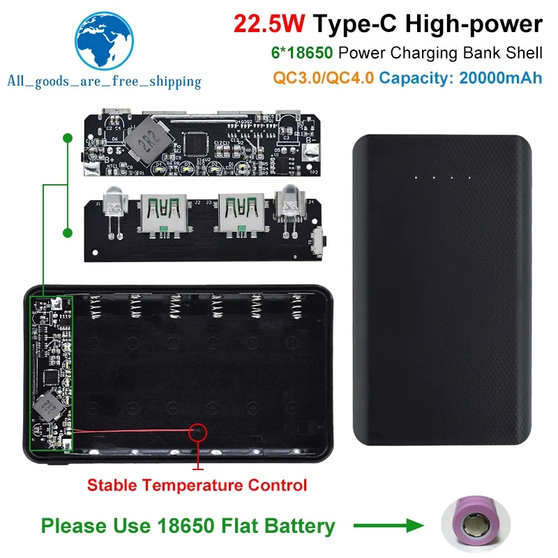 

QC4.0 QC3.0 Dual USB Micro/Type-C USB 6*18650 Power Bank Battery Box 5V 4.5A 22.5W 20000mAh Mobile Phone Charger DIY Shell Case