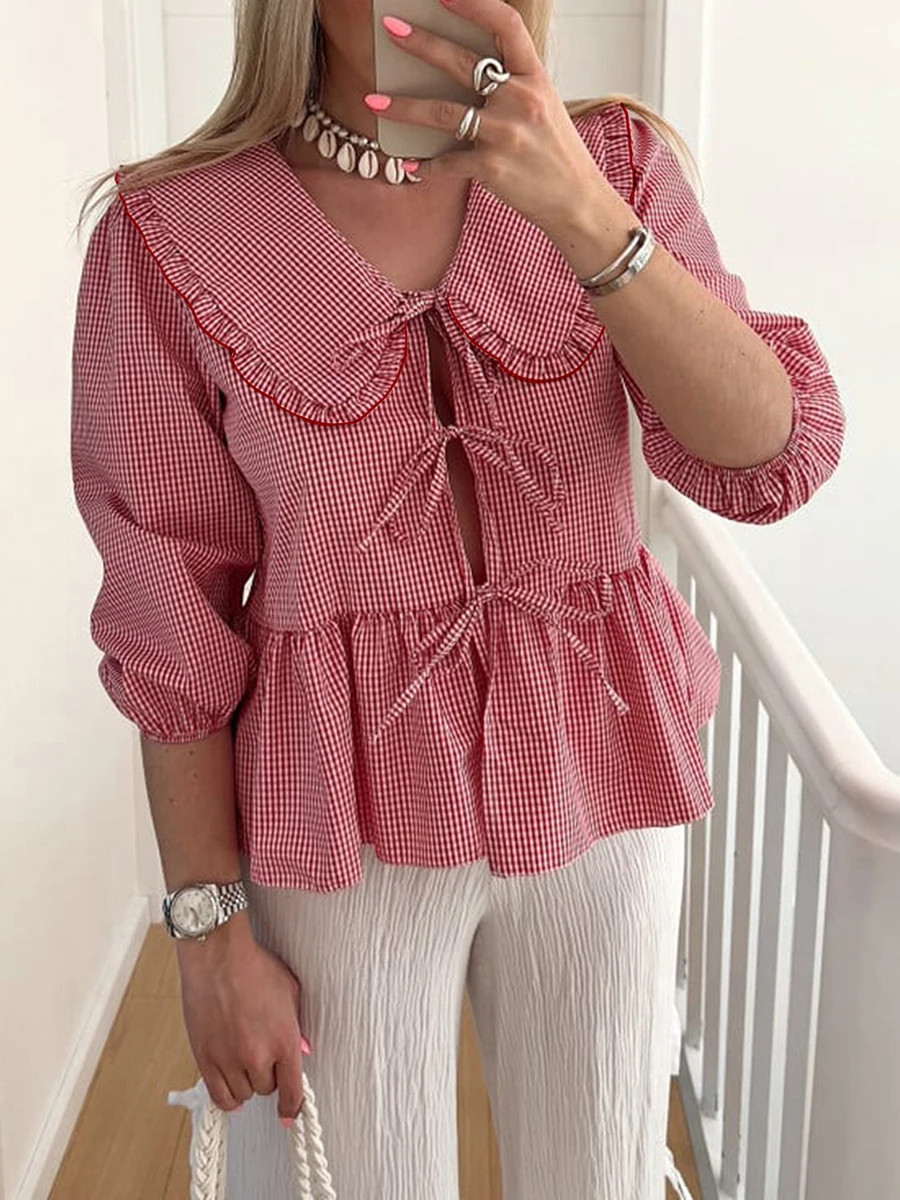 Новая модная женская блузка элегантные клетчатые Топы с коротким рукавом и