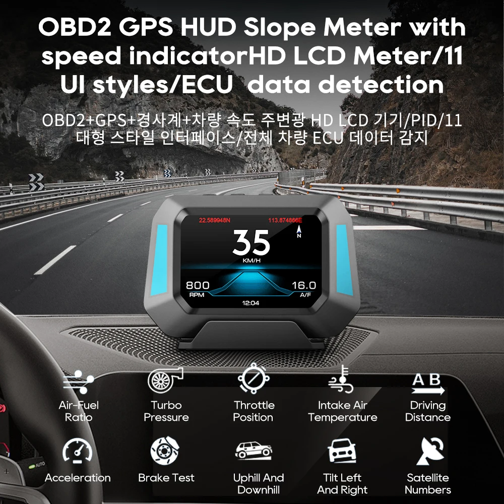 

P21 Car HUD OBD2 GPS Head Up Display 4x4 Slope Meter Tiltmeter With Speeding RPM Real-Time Off-Road Vehicle System Speedometer