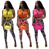 two piece set women solid color sleeveless shirt printed leggings 2022 summer 2 piece set party outfits female wholesale