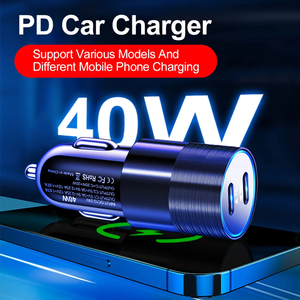 40W Car Charger Dual USB C Fast Charging 12V/24V PD Car Charger Adapter for iPhone 13/12/Pro/Pro Max Galaxy S21/S20 Google Pixel