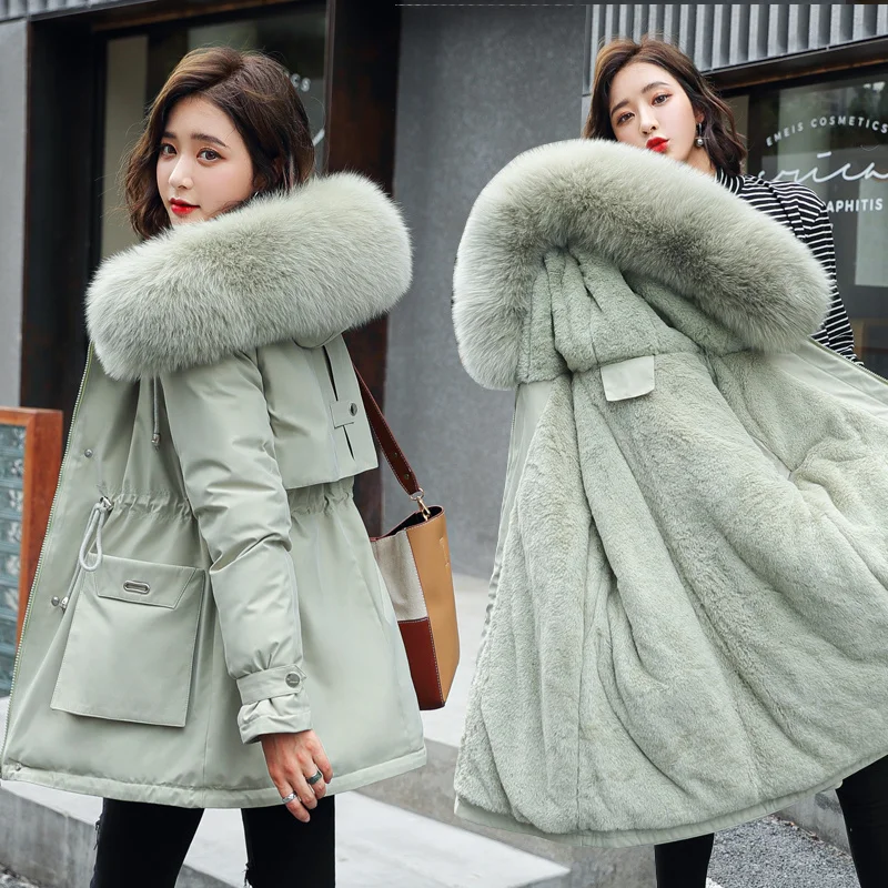 Women Casual Fur Lining with Pockets Big Fur Collar Winter New Parkas Thicken Warm Jacket Hooded Parka Coats Mujer Cotton Coat