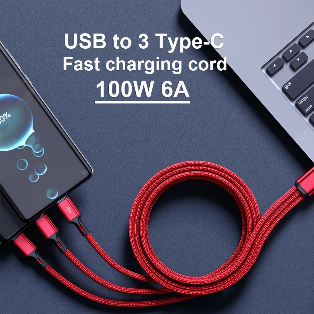 3 в 1 USB на × Тип - C Кабель 100 Вт 6 А для быстрой зарядки Samsung S24 Xiaomi Huawei android телефон usb c