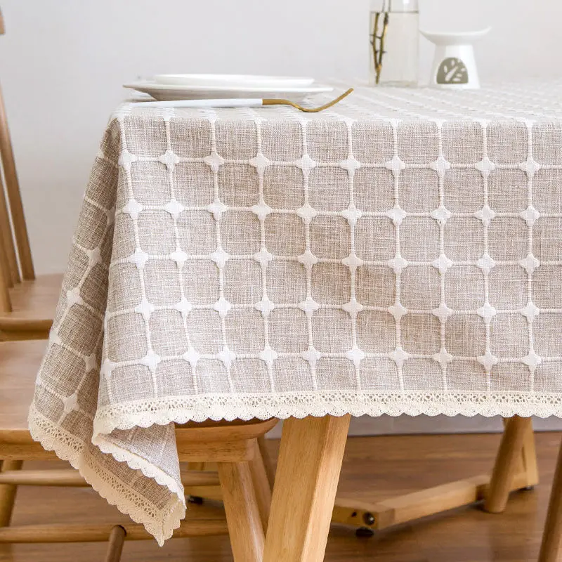 

Cotton and Linen Lace Blended Thickened Plaid Table Cloth Fabric Square Home Garden Tea Tablecloth Dinning Table Decoration