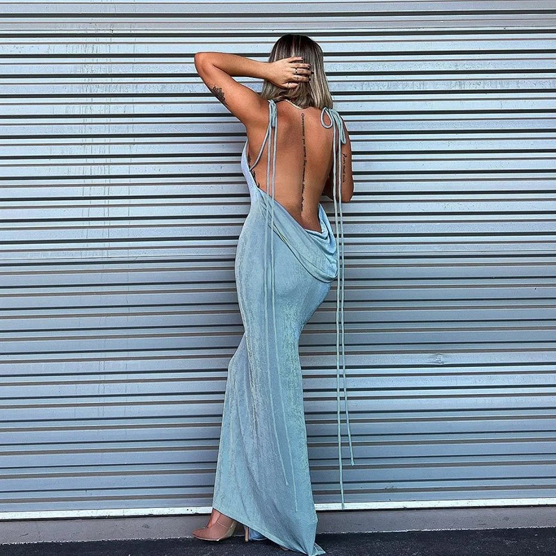 

Fashion Swing Collar Backless Sleeveless Drawstrings Hollow Out Slit Sexy Maxi Prom Dress 2022 Summer Women Party Y2K Robe