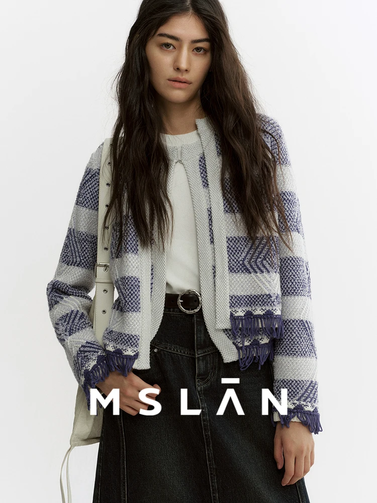 Mslan 2024 зимняя новая короткая посадка текстурированная джинсовая ткань полосатая