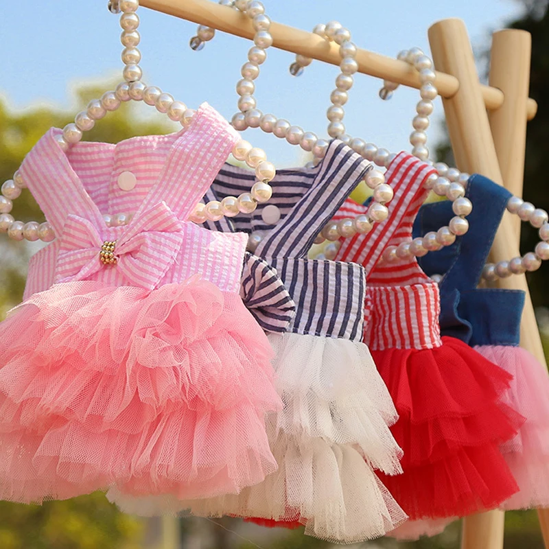 

New Dog Princess Dresses Puppy Bow Knot Dress Pet Tutu Skirt Striped Mesh Puppy Dog Princess Summer Dresses for Small Medium Cat