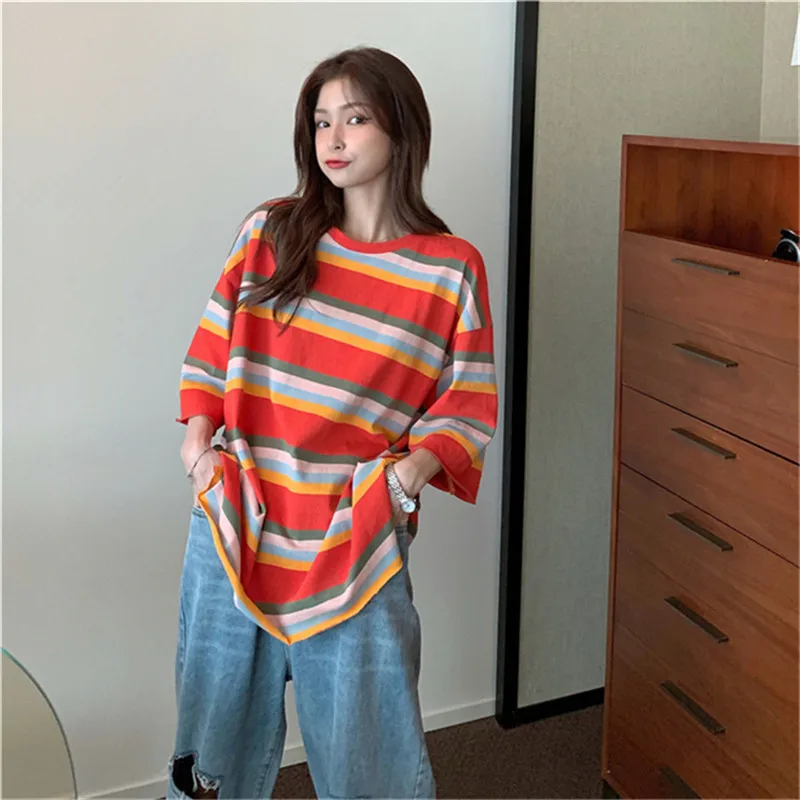 

Color striped T-shirt Korean street women harajuku loose oversized short sleeve top American vintage summer goth clothes