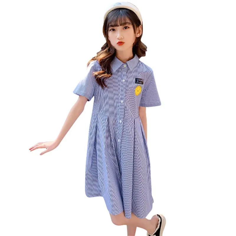 

New Summer Teen Girls Short Sleeve Shirt Dresses 2022 Striped Children's Cotton Clothing Elegant Kids School Casual A-Line Dress