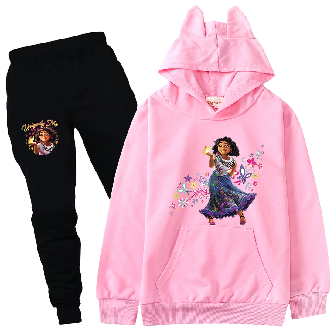 

2022 New Disney Fashion Encanto Cat Ears Hoodie Kids Clothes Girls Sweatshirts Black Pants 2 Piece Baby Boy Birthday Outfits