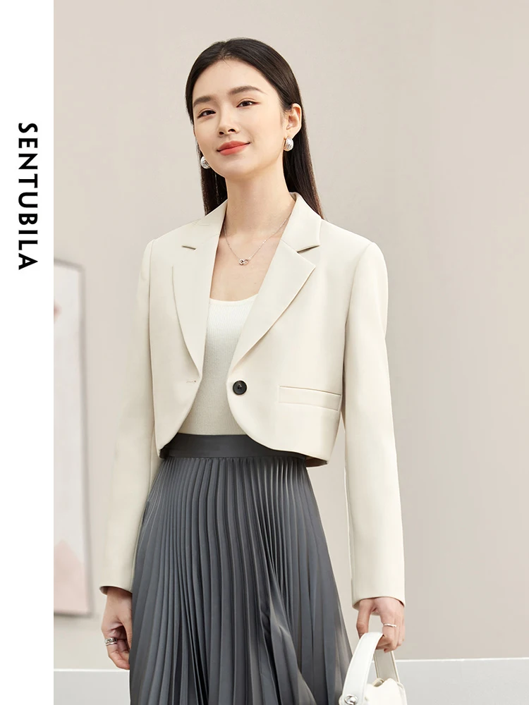 SENTUBILA укороченный овсяный пиджак женский прямой классический с зубцами 2024