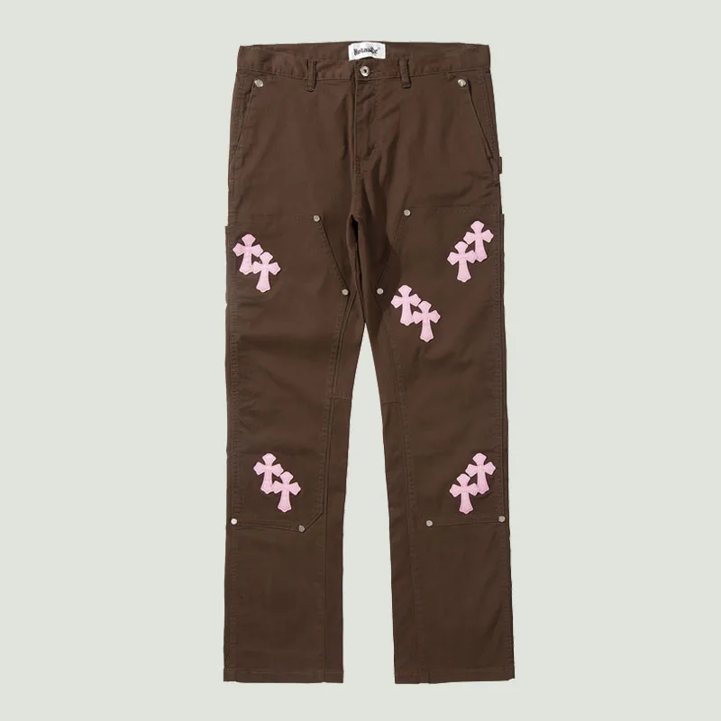 

Streetwear Vintage Jeans Mens Cross Patch Embroidery Denim Pants Casual All-match Loose Straight-leg Trousers Male Fashion Brown