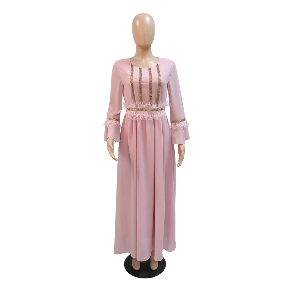 Abaya Dress Summer Elegant Muslim Women Long Sleeve O-neck Blue Pink Green Polyester Long Abaya Muslim Fashion Dresses