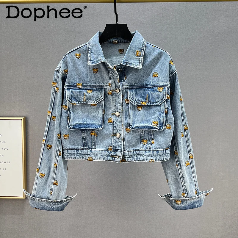 Fashion Short Denim Jacket for Women 2022 New Spring Slim Fit Embroidered Cartoon Long Sleeve Jean Jacket Coat Female Outerwear