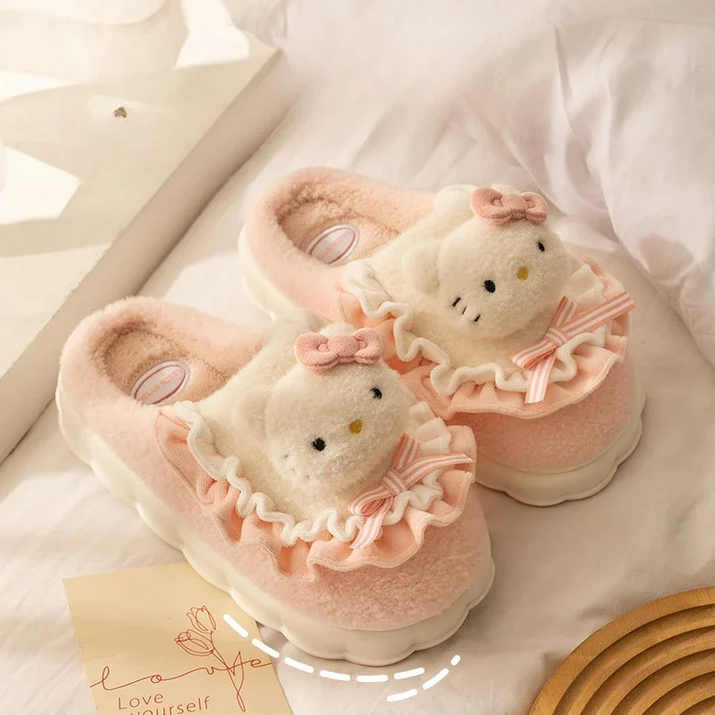 

Kawaii Sanrio Anime Hello Kitty Cotton Slippers Thick-soled Warm Slippers Kuromi Cute Cartoon Sweet Lolita Domestic for Girls