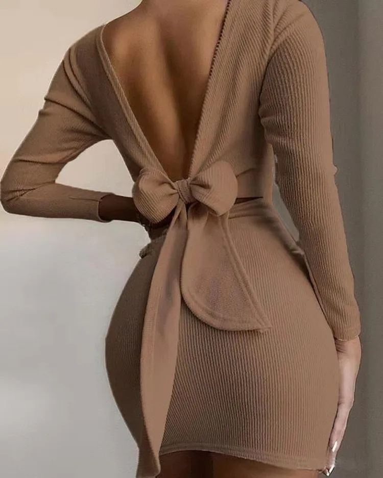 

Korean Fashion Fall Winter Sexy Mini Dresses Elegant Bowknot Party Club Backless Bodycon Sukienka Solid Color Long Sleeve Dress