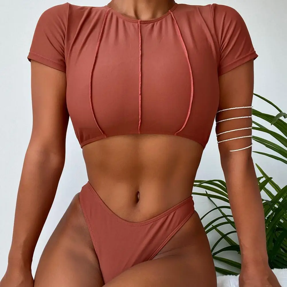 

O Neck 2 Pcs/Set Awesome Quick-drying Summer Swimwear Set Beachwear Beach Top Set Pure Colors for Holiday